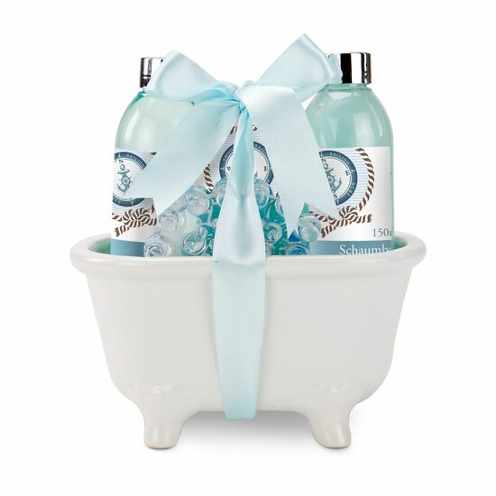 150 ml Duschgel, 150 ml Schaumbad, 200 g Badesalz, Massagebürste aus Kunststoff in Keramik-Badewanne, Duft: Ocean