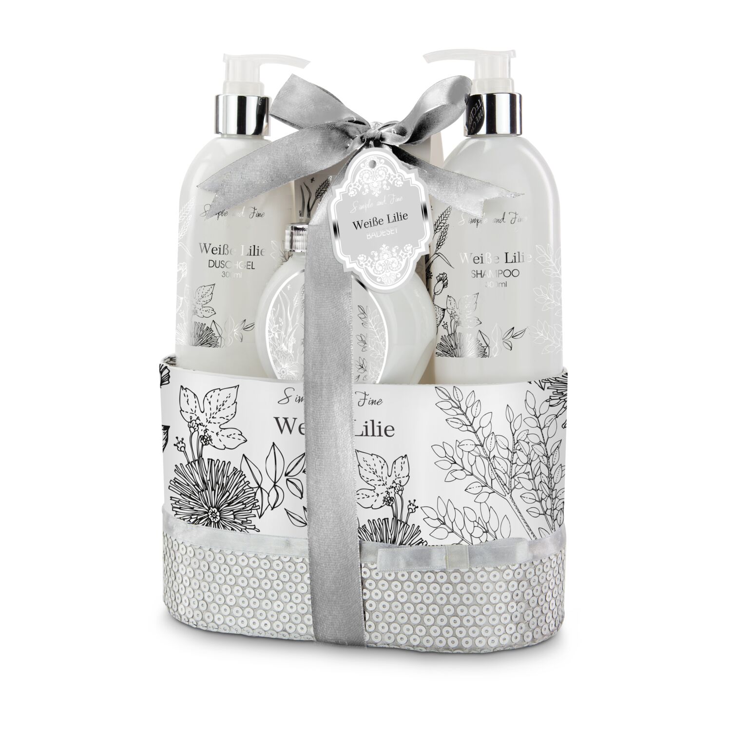 300 ml Duschgel, 300 ml Shampoo, 250 ml Bodylotion, 100 g Badesalz in einem Geschenkkarton, Duft: Lilie