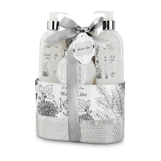 300 ml Duschgel, 300 ml Shampoo, 250 ml Bodylotion, 100 g Badesalz in einem Geschenkkarton, Duft: Lilie