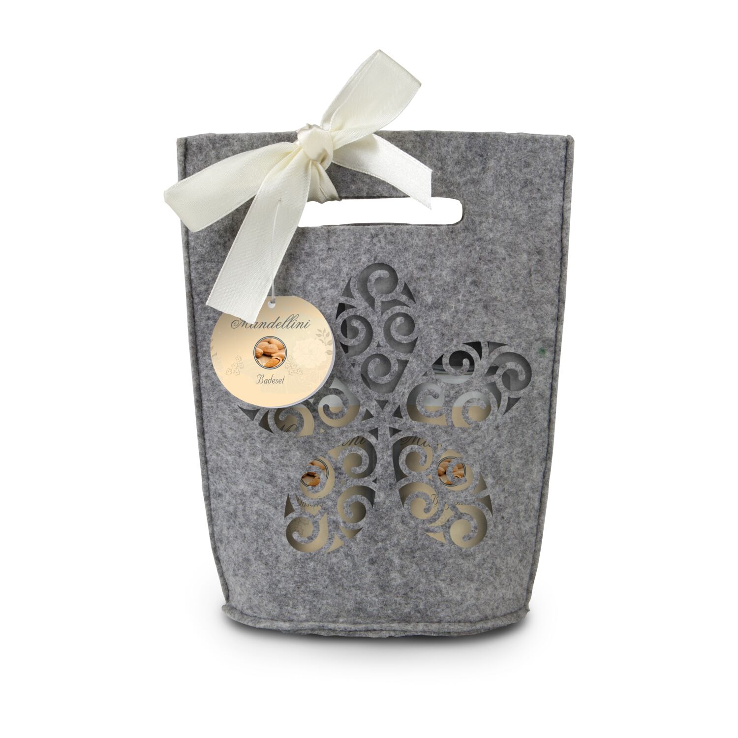 100 ml Duschgel, 100 ml Bodylotion in einem Filztäschchen, Duft: Mandelmilch