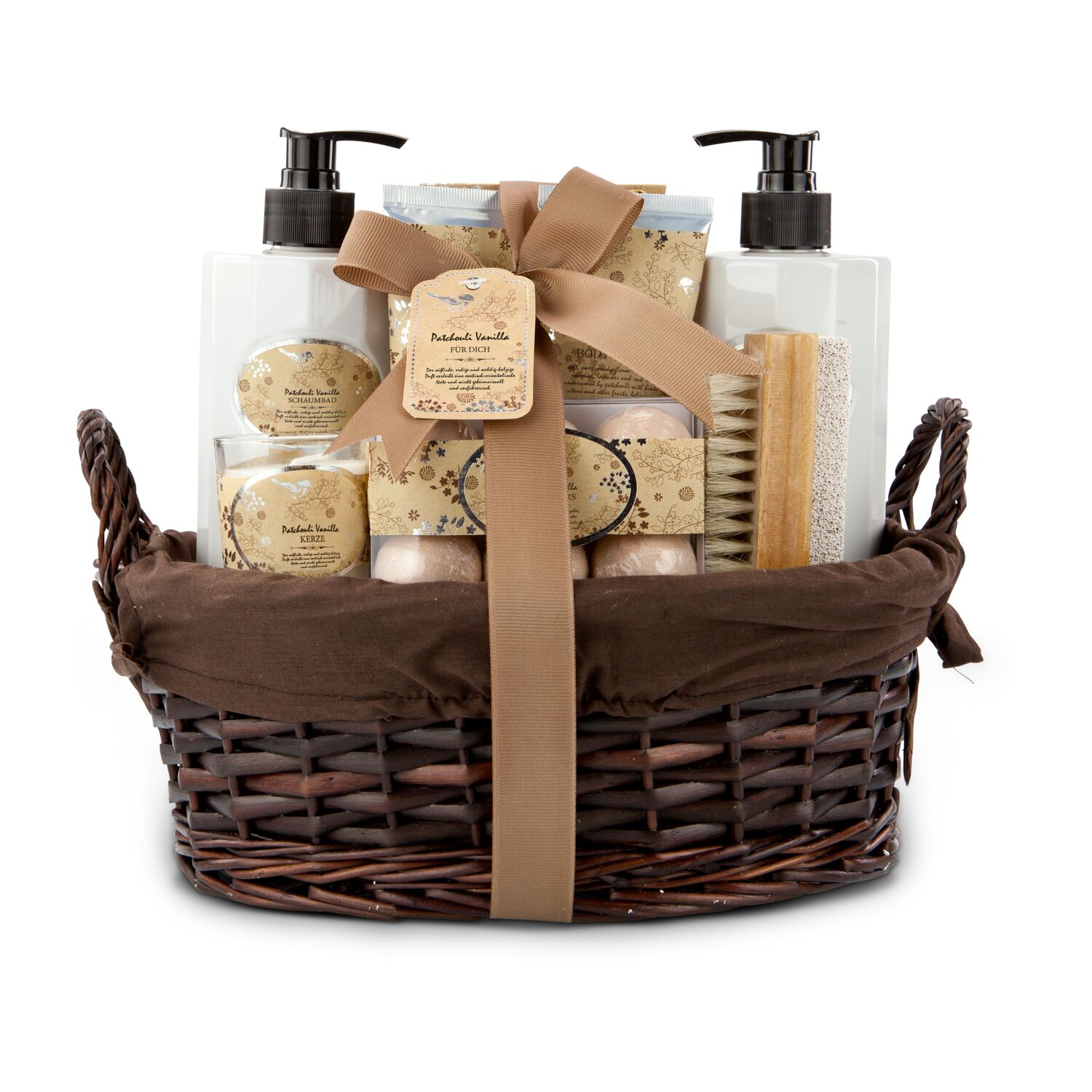 460 ml Shampoo & Schaumbad, 90 ml Bodylotion & Körperpeeling, 200 g Badesalz, 6 x 20 g Badekugel, Nagelbürste 2in1, Kerze, in Weidenkorb