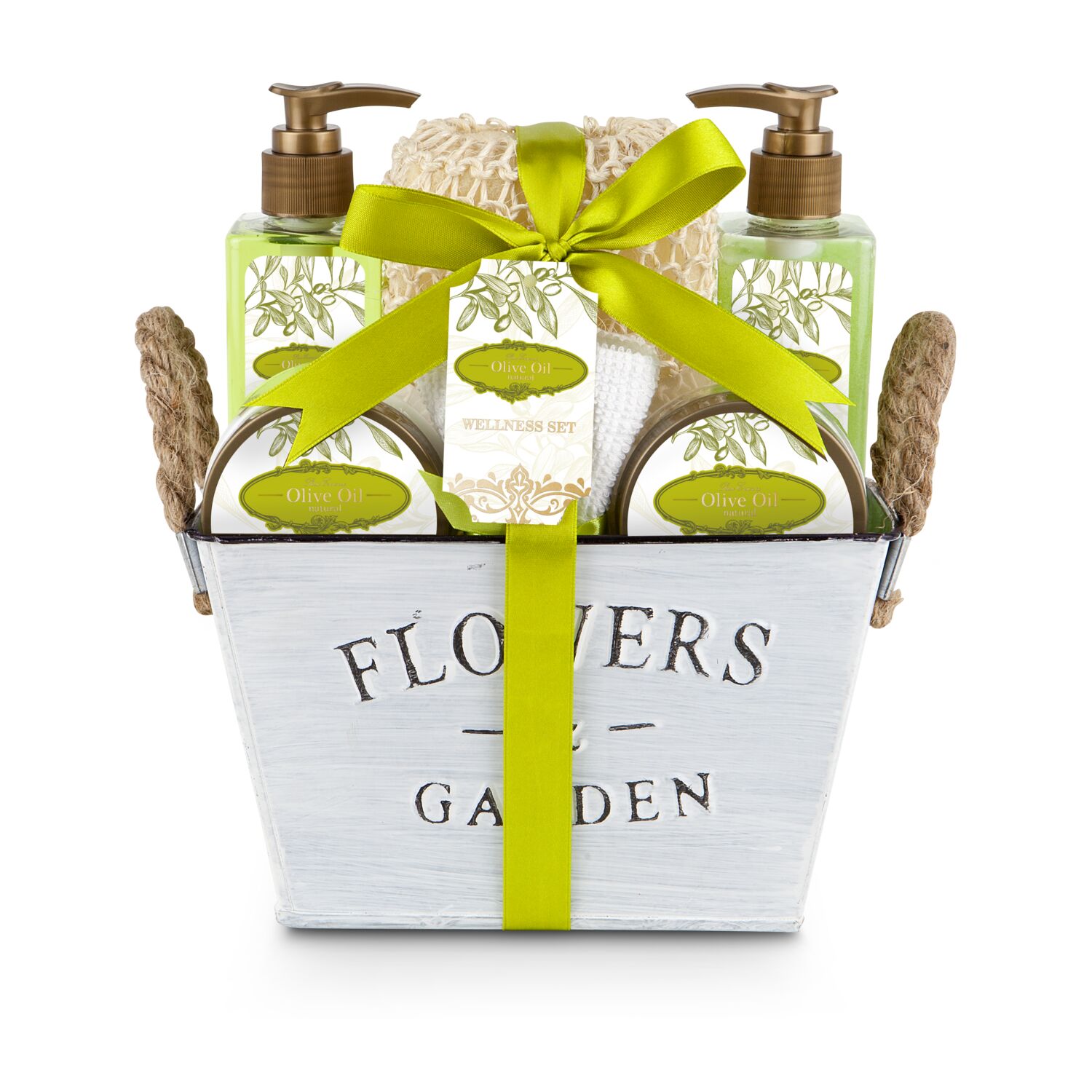 200 ml Duschgel, 200 ml Schaumbad, 100 ml Bodylotion, 140 g Badesalz, Sisal-Schwamm, Seiftuch (25 x 25 cm) in einem Metalleimer