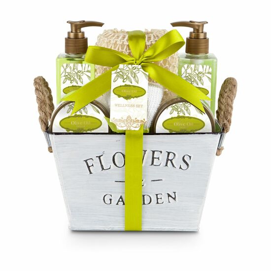 200 ml Duschgel, 200 ml Schaumbad, 100 ml Bodylotion, 140 g Badesalz, Sisal-Schwamm, Seiftuch (25 x 25 cm) in einem Metalleimer