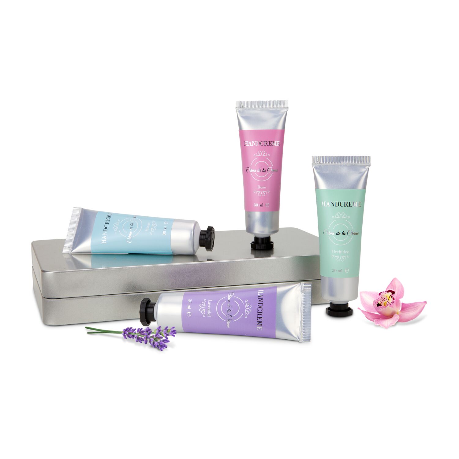Set aus 4 hochwertigen Handcremes à 30 ml (Duftrichtung Minze, Orchidee, Rose, Lavendel) in Metalldose