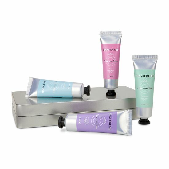 Set aus 4 hochwertigen Handcremes à 30 ml (Duftrichtung Minze, Orchidee, Rose, Lavendel) in Metalldose