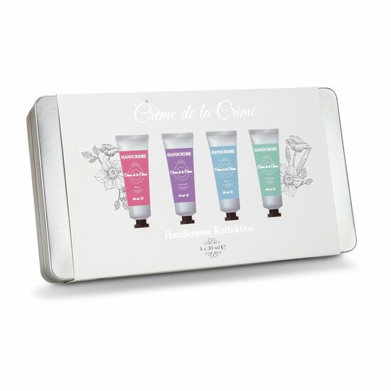 Set aus 4 hochwertigen Handcremes à 30 ml (Duftrichtung Minze, Orchidee, Rose, Lavendel) in Metalldose
