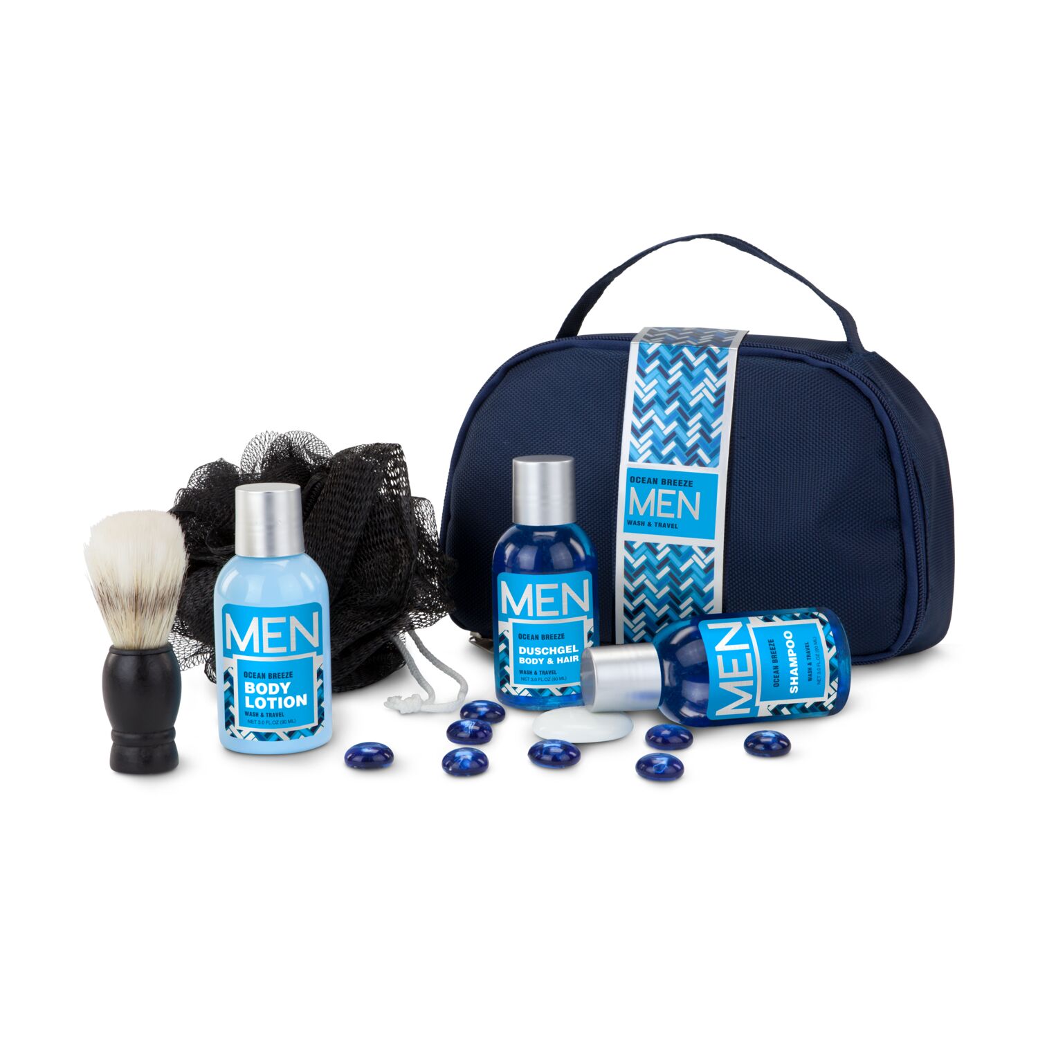 90 ml Shampoo, 90 ml Duschgel, 90 ml Bodylotion, Rasierpinsel, Mesh-Schwamm, im hochwertigen dunkelblauen Kulturbeutel mit Banderole