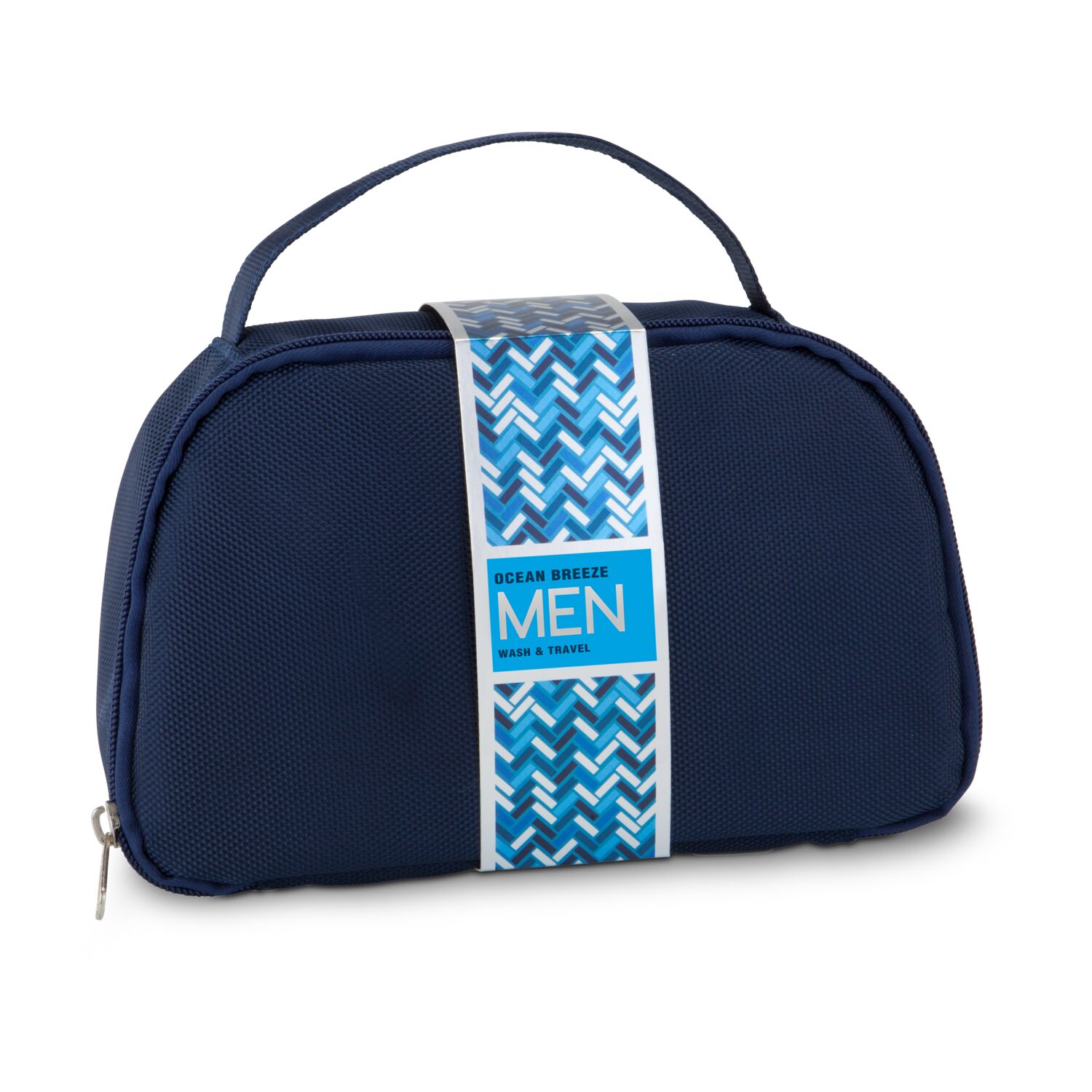 90 ml Shampoo, 90 ml Duschgel, 90 ml Bodylotion, Rasierpinsel, Mesh-Schwamm, im hochwertigen dunkelblauen Kulturbeutel mit Banderole