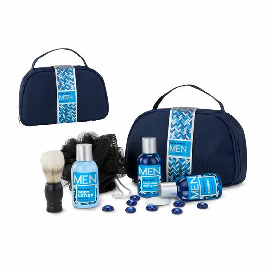 90 ml Shampoo, 90 ml Duschgel, 90 ml Bodylotion, Rasierpinsel, Mesh-Schwamm, im hochwertigen dunkelblauen Kulturbeutel mit Banderole