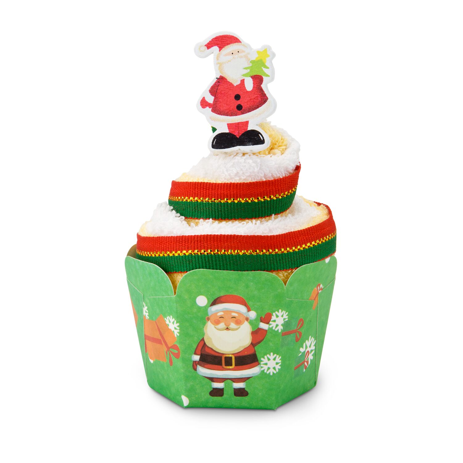 2 Gesichtstücher in gelb und weiß: ca. 25 x 25 cm mit Weihnachtsmann-Magnet