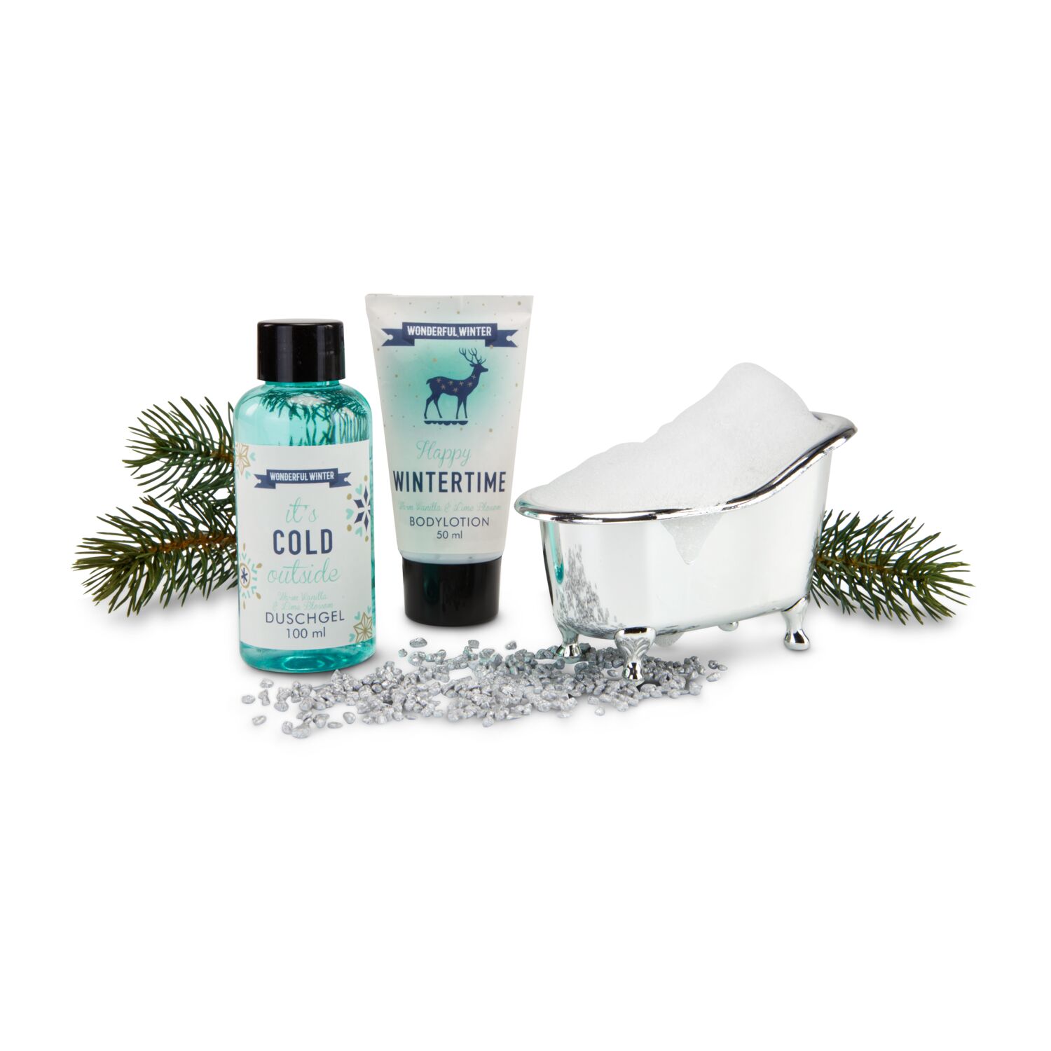 100 ml Duschgel, 50 ml Tube Body Lotion in silberfarbener Badewanne, Duft: Warme Vanille & Lindenblüte