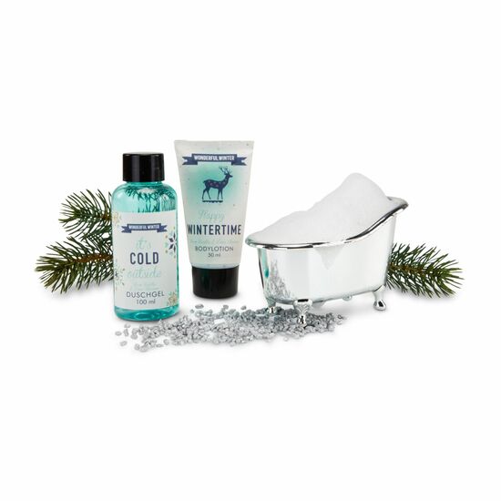 100 ml Duschgel, 50 ml Tube Body Lotion in silberfarbener Badewanne, Duft: Warme Vanille & Lindenblüte