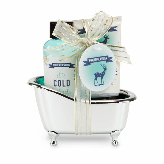 100 ml Duschgel, 50 ml Tube Body Lotion in silberfarbener Badewanne, Duft: Warme Vanille & Lindenblüte