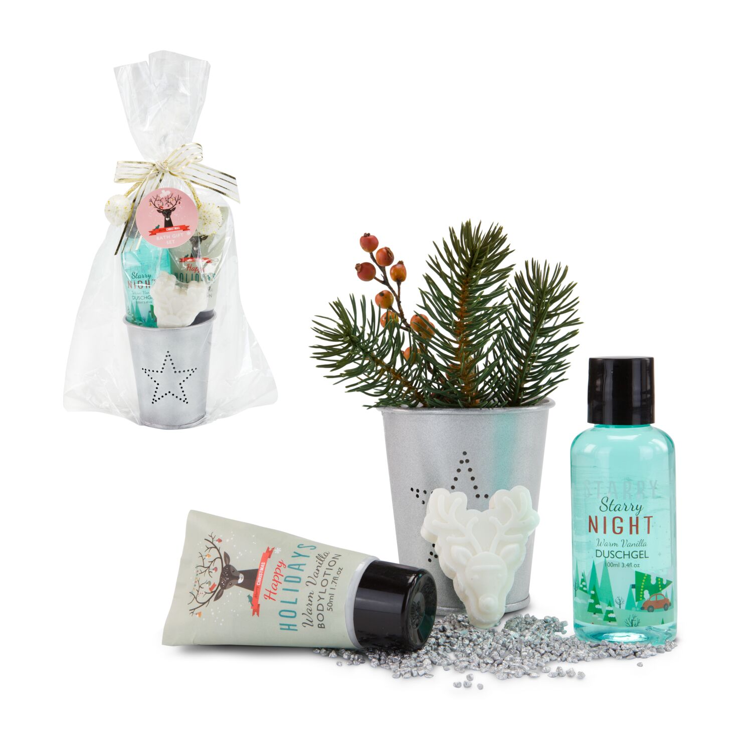 100 ml Duschgel, 50 ml Tube Body Lotion, 30 g Seife in Rentierform, im Metallbecher mit Lochstanzung in Sternform