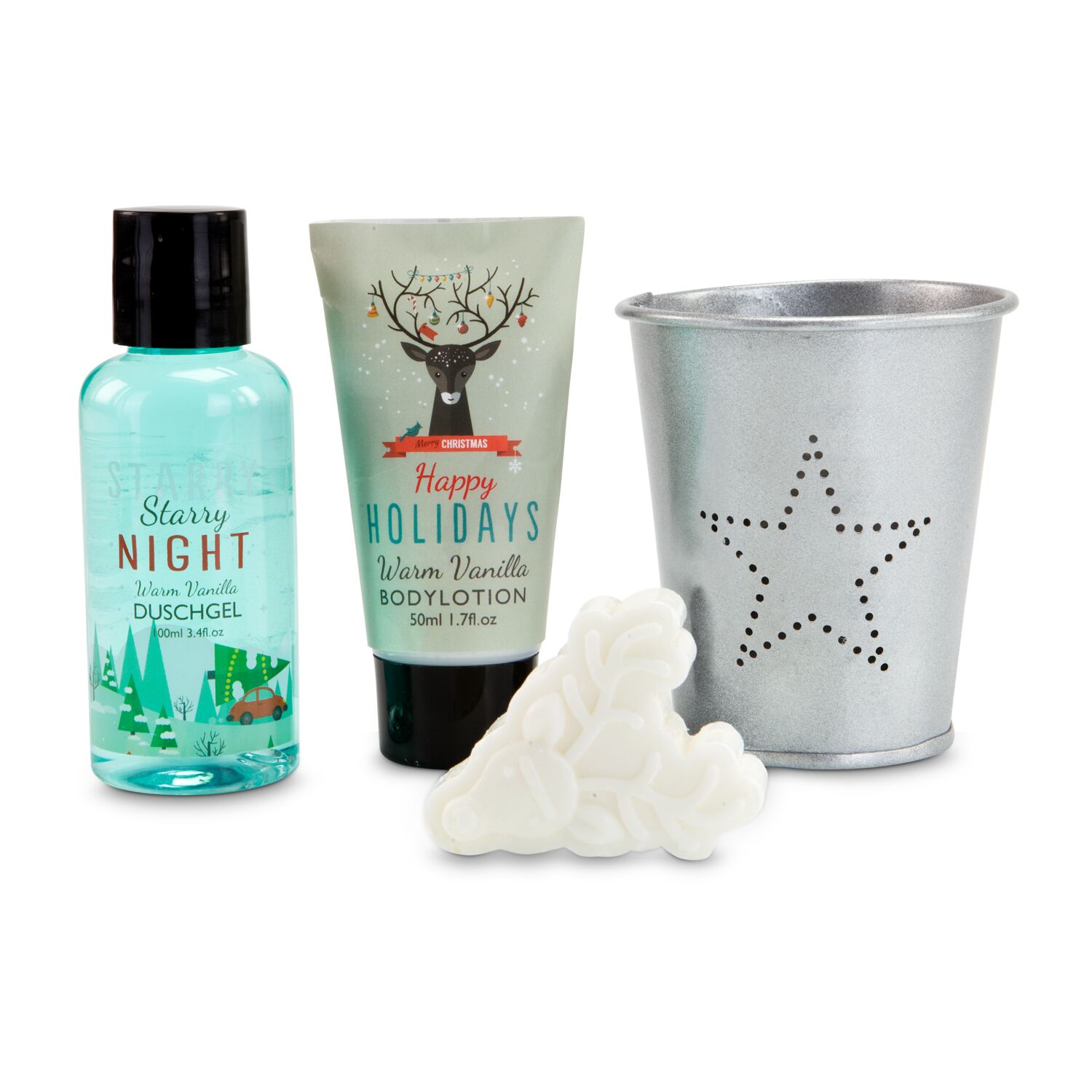 100 ml Duschgel, 50 ml Tube Body Lotion, 30 g Seife in Rentierform, im Metallbecher mit Lochstanzung in Sternform
