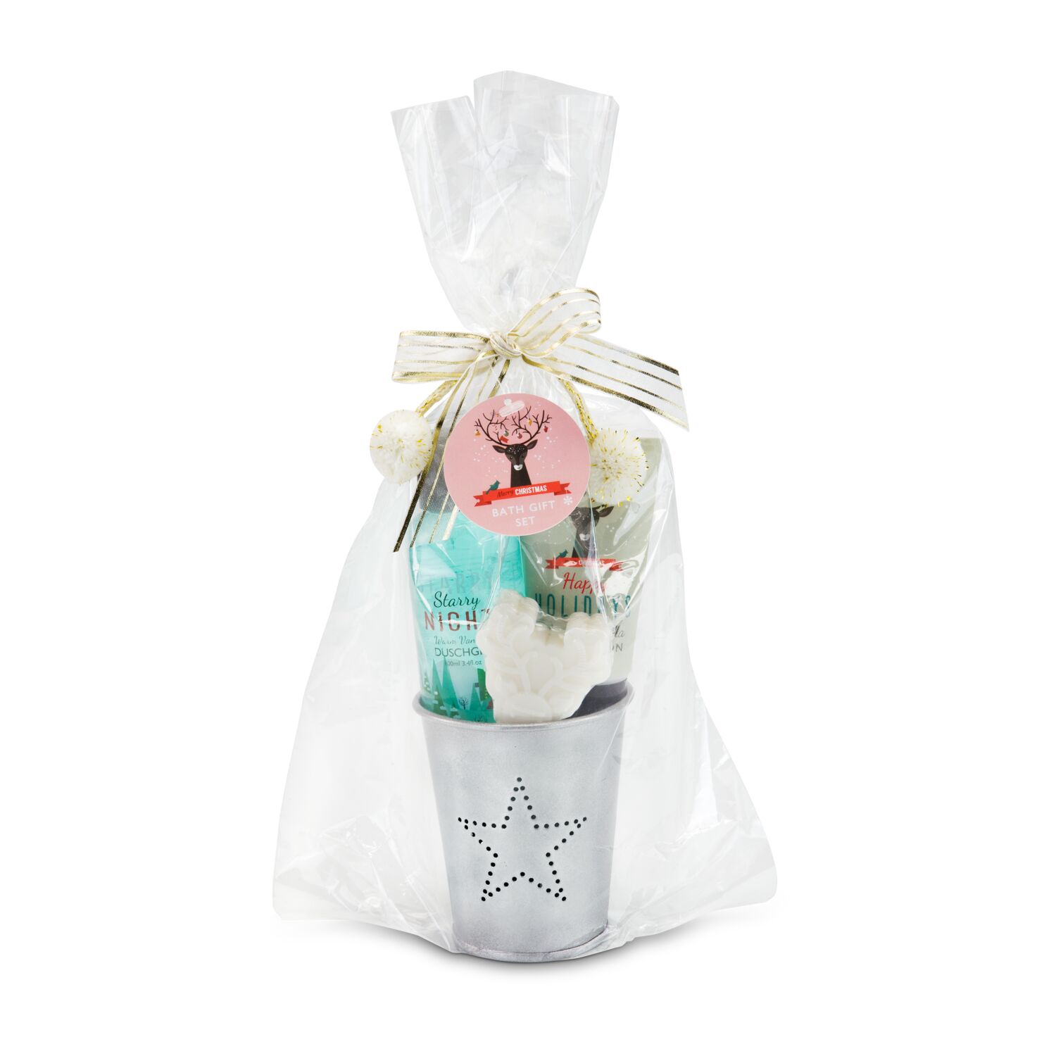 100 ml Duschgel, 50 ml Tube Body Lotion, 30 g Seife in Rentierform, im Metallbecher mit Lochstanzung in Sternform