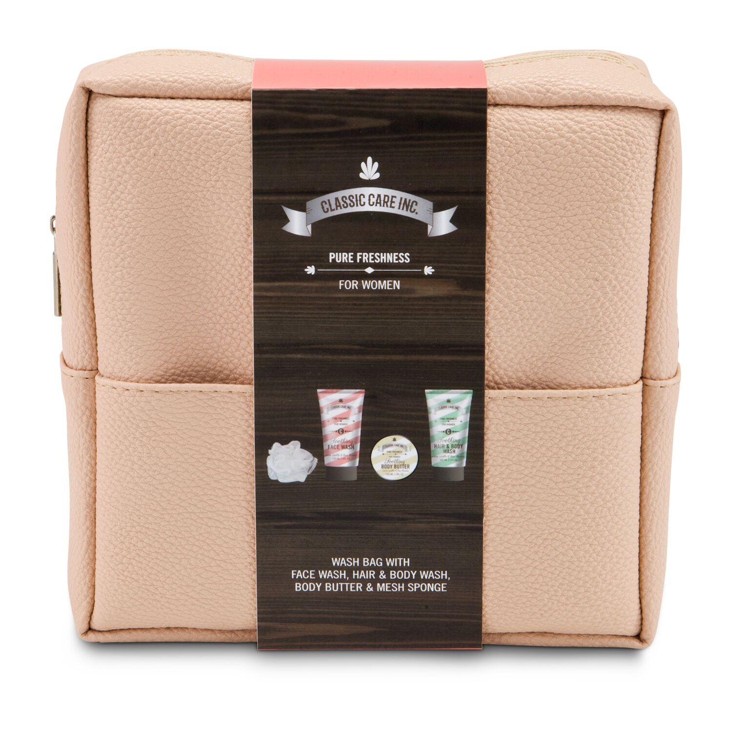 100 ml Gesichtsreinigungsgel, 100 ml 2in1 Duschgel & Shampoo, 110 ml Körperbutter, Mesh-Schwamm, in rosé-cremefarbener Kosmetiktasche