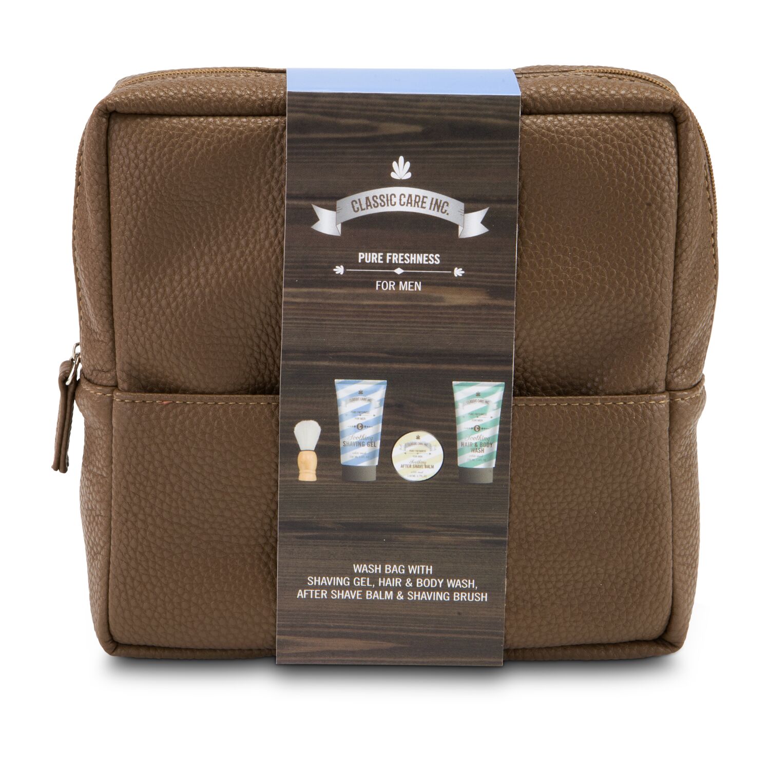 100 ml Rasiergel, 100 ml 2in1 Duschgel & Shampoo, 110 ml After Shave Balsam, Rasierpinsel, in brauner Kosmetiktasche