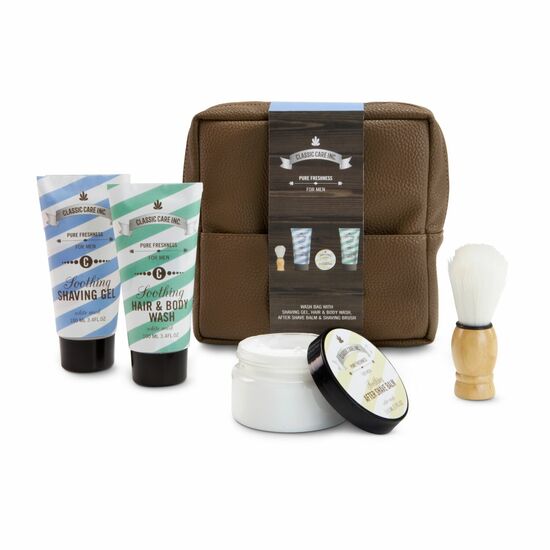 100 ml Rasiergel, 100 ml 2in1 Duschgel & Shampoo, 110 ml After Shave Balsam, Rasierpinsel, in brauner Kosmetiktasche