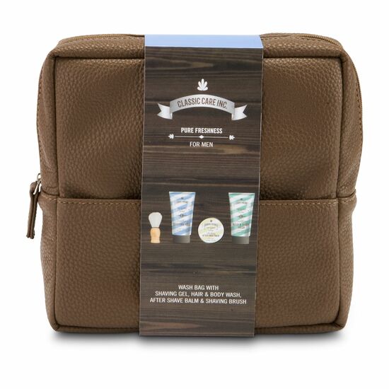 100 ml Rasiergel, 100 ml 2in1 Duschgel & Shampoo, 110 ml After Shave Balsam, Rasierpinsel, in brauner Kosmetiktasche
