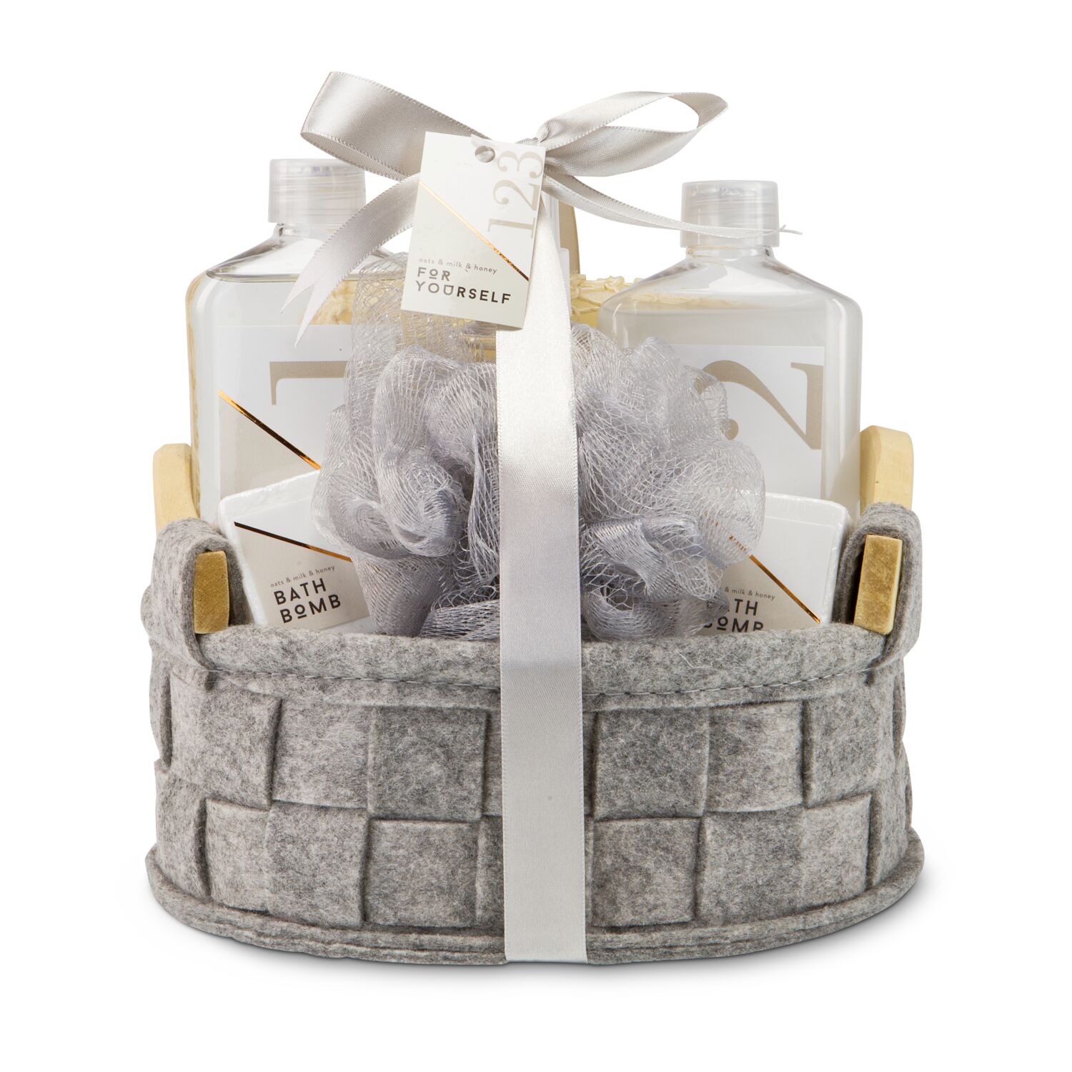 280 ml Duschgel, 280 ml Body Lotion, 105 ml Körperspray, 2 x 40 g Badebombe, Mesh-Schwamm in grau, Sisal-Schwamm, im dekorativen Filzkorb