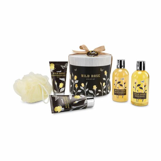 190 ml Duschgel, 190 ml Schaumbad, 90 ml Body Lotion, 90 ml Körperpeeling, Mesh-Schwamm beige, in hochwertiger Geschenkbox mit Goldprägung