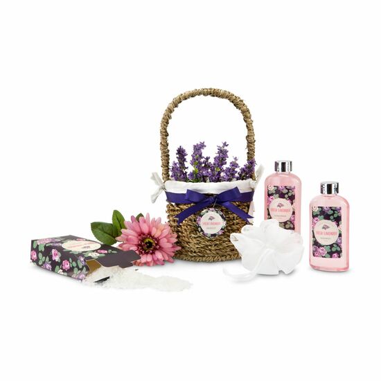 150 ml Duschgel, 150 ml Schaumbad, 100 g Badesalz, Mesh-Schwamm weiß, im kleinen Weidenkörbchen