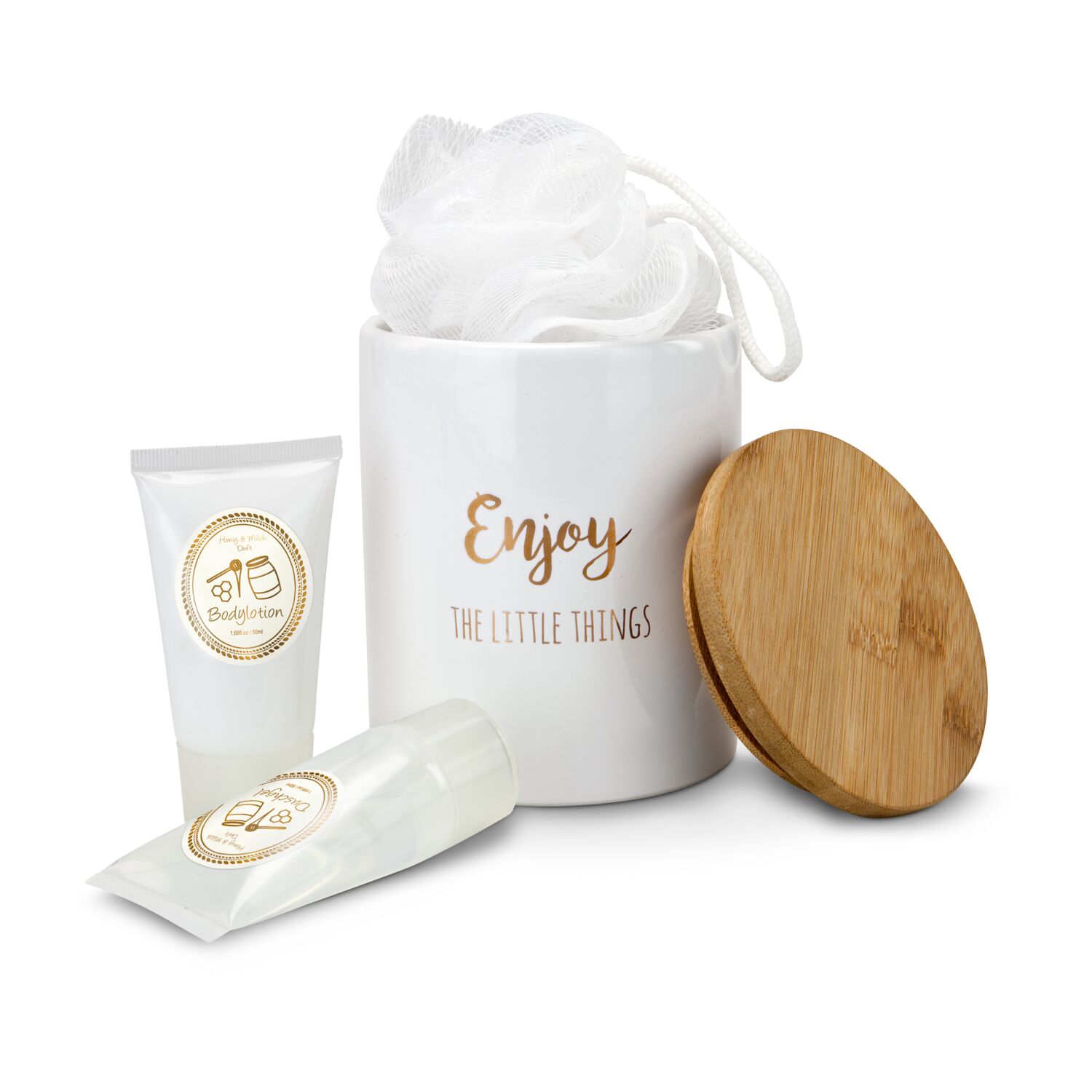 Keramikgefäß mit Holzdeckel, Schwamm und je 50ml Duschgel und Bodylotion