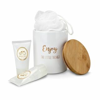 Keramikgefäß mit Holzdeckel, Schwamm und je 50ml Duschgel und Bodylotion