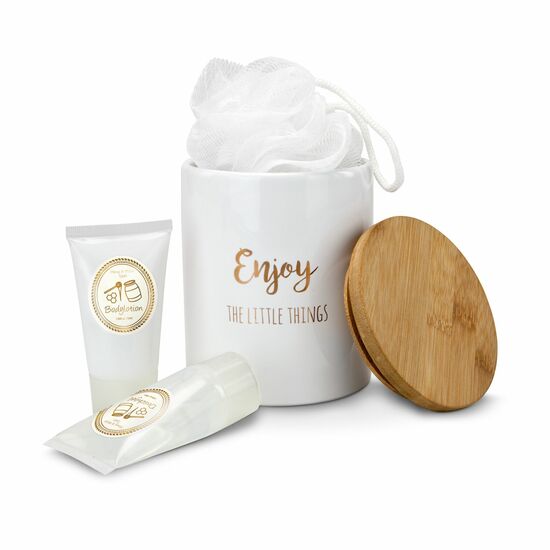 Keramikgefäß mit Holzdeckel, Schwamm und je 50ml Duschgel und Bodylotion