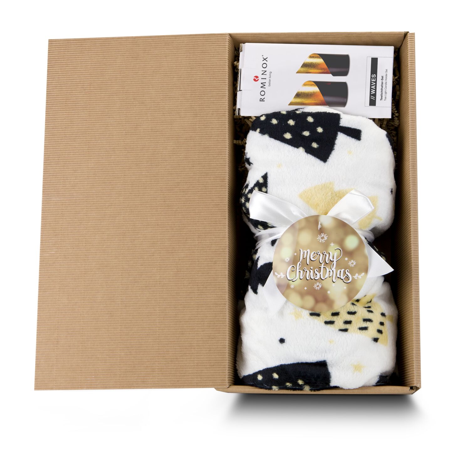 Set mit Kuscheldecke „Merry Christmas” (120x150cm, 190 g/m²) und 2 Kerzenhaltern