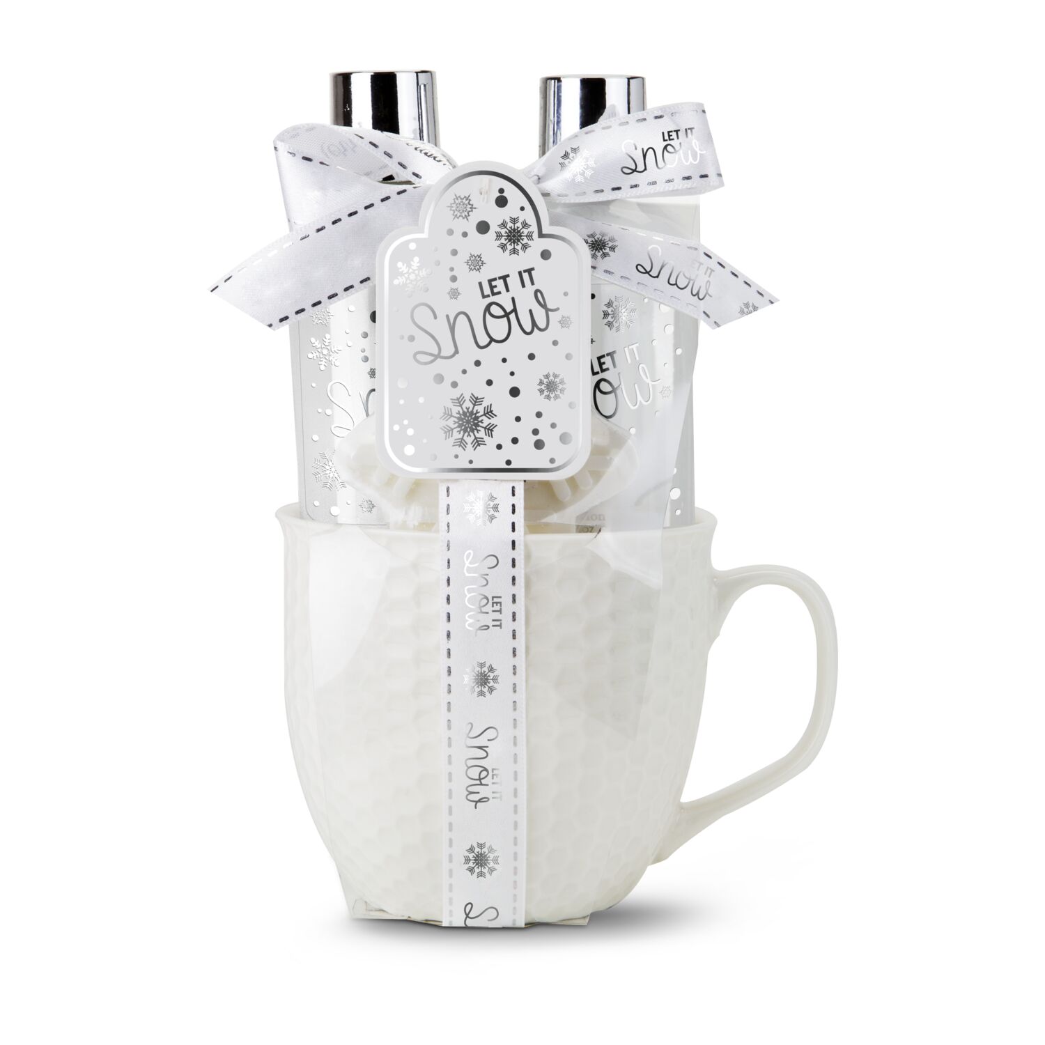 Weiße XL Tasse (450 ml) gefüllt mit 100 ml Duschgel, 100ml Bodylotion und 50 g Seife in Schneeflockenform