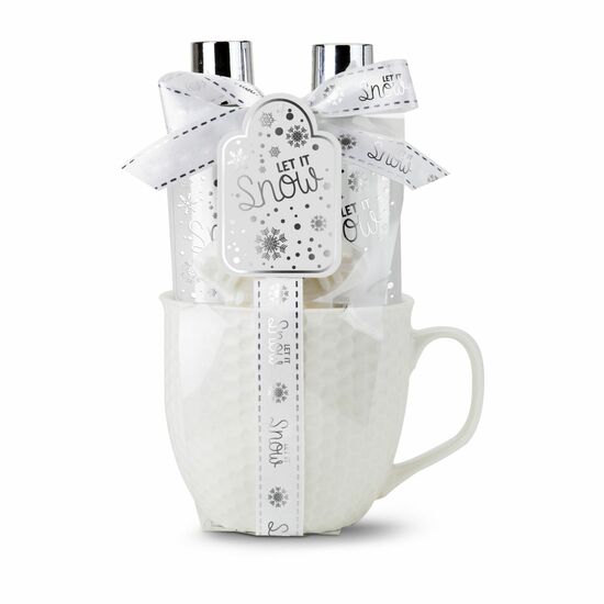 Weiße XL Tasse (450 ml) gefüllt mit 100 ml Duschgel, 100ml Bodylotion und 50 g Seife in Schneeflockenform
