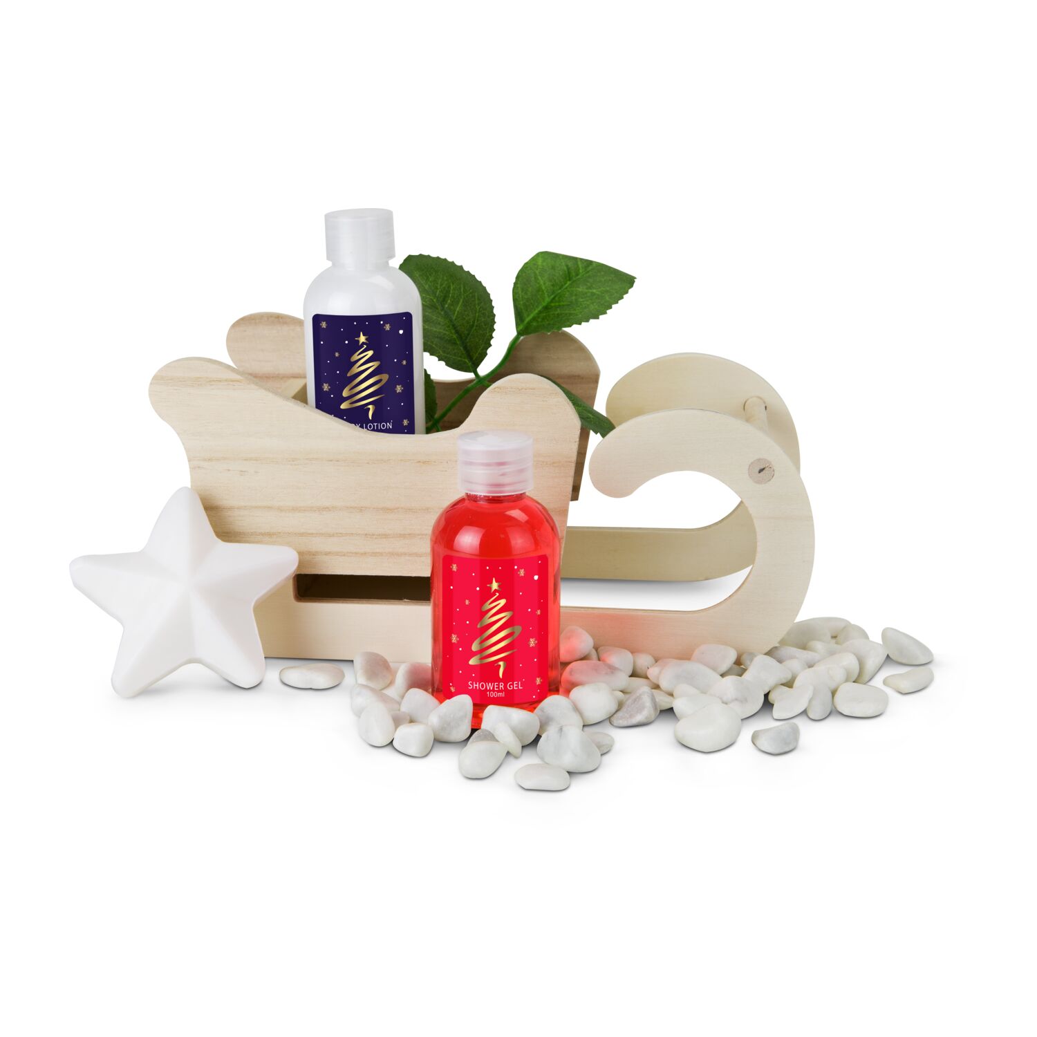 Winter Holzschlitten gefüllt mit 100 ml Duschgel, 100 ml Bodylotion und 40 g Seife in Sternform