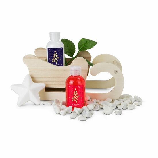 Winter Holzschlitten gefüllt mit 100 ml Duschgel, 100 ml Bodylotion und 40 g Seife in Sternform