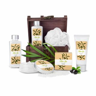 Schatzkiste gefüllt mit Wellness Schätzen: 170 ml Duschgel & Schaumbad, 60 ml Bodylotion, 50 ml Peeling, 50 g Badesalz + Mesh-Schwamm