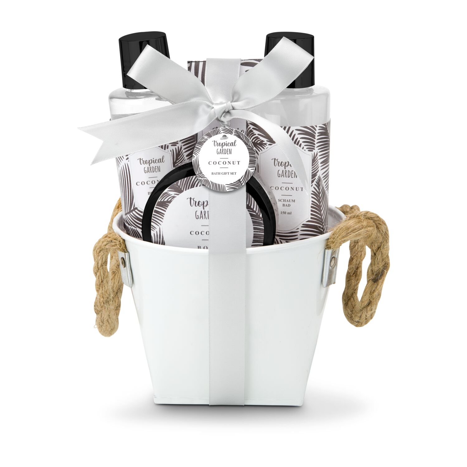 150 ml Duschgel, 150 ml Schaumbad, 50 ml Bodylotion, 100 g Badesalz in dekorativem Metalleimer mit Henkeln