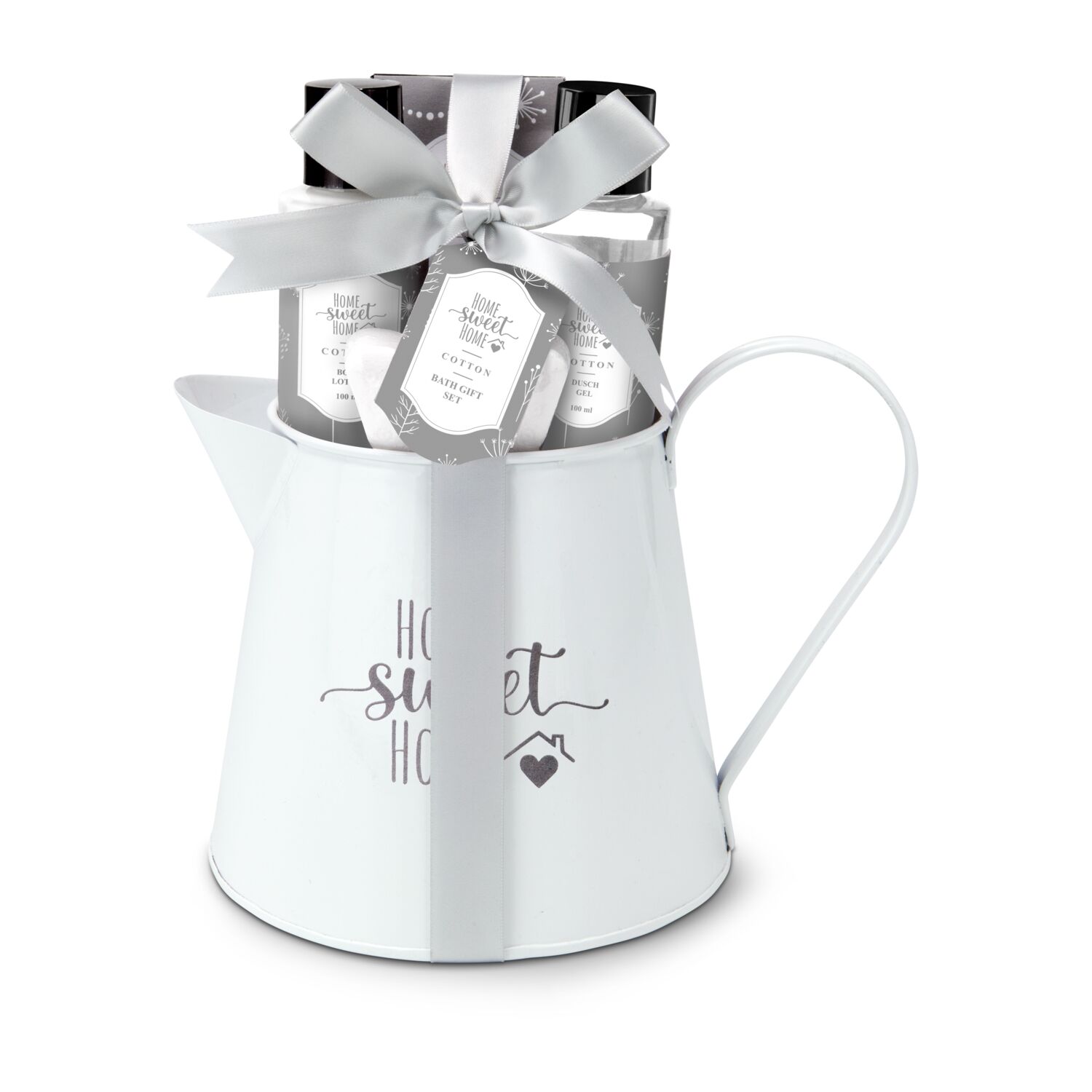 100 ml Duschgel, 100 ml Bodylotion, 100 g Badesalz, 1 Schmetterling-Badekugel (40 g), verpackt in dekorativer Metall-Gießkanne