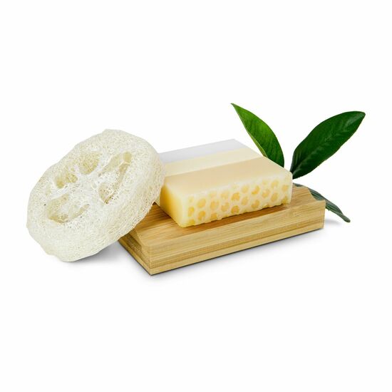 100 g handgemachte Seife mit Honigduft, 1 Luffaschwamm, 1 praktische Holz-Seifenschale zur Aufbewahrung, verpackt in einer Geschenkbox