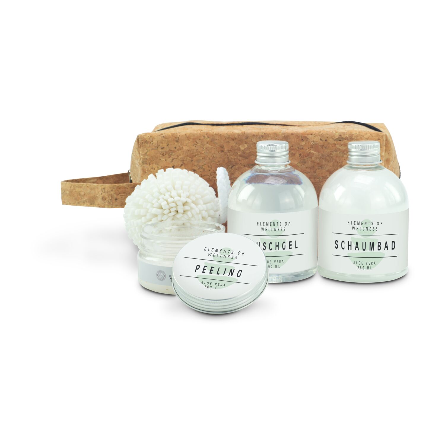 260 ml Duschgel, 260 ml Schaumbad, 100 g Salz-Peeling und Bade-Schwamm in Kork-Kosmetiktasche mit Henkel