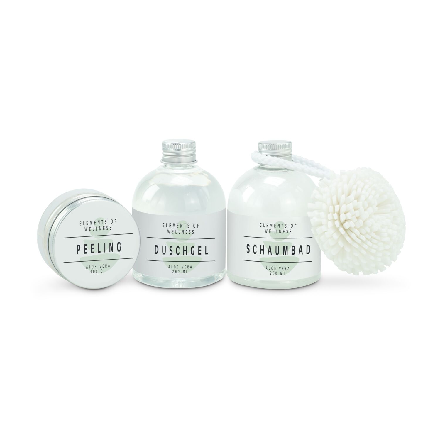 260 ml Duschgel, 260 ml Schaumbad, 100 g Salz-Peeling und Bade-Schwamm in Kork-Kosmetiktasche mit Henkel