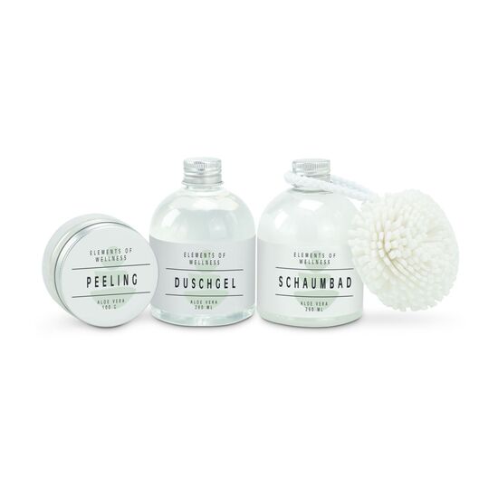260 ml Duschgel, 260 ml Schaumbad, 100 g Salz-Peeling und Bade-Schwamm in Kork-Kosmetiktasche mit Henkel