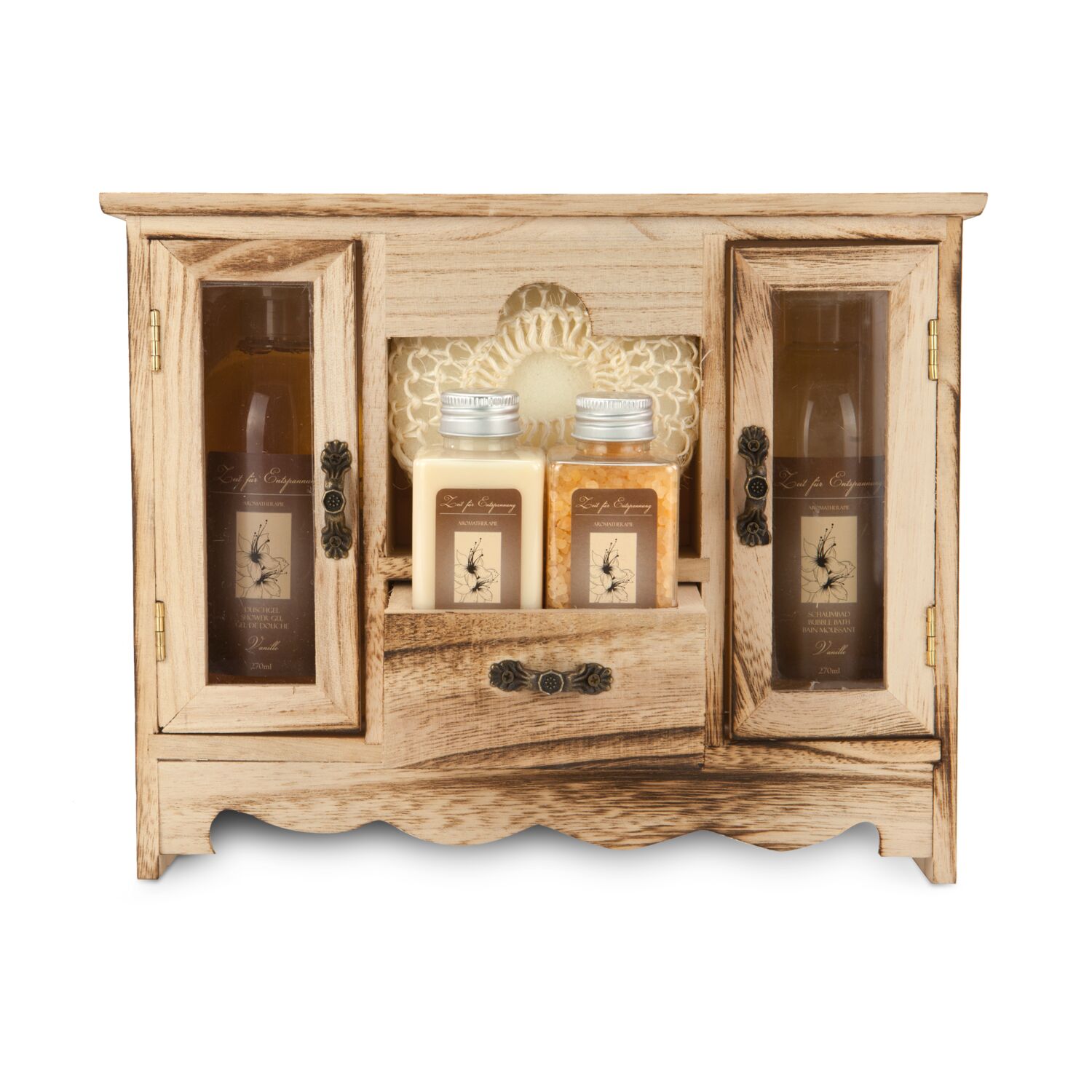 Je 270 ml Duschgel und Schaumbad, 140 ml Bodylotion, 140 g Badesalz, Sisal-Schwamm, im Holzschränkchen. Duftrichtung: Vanille