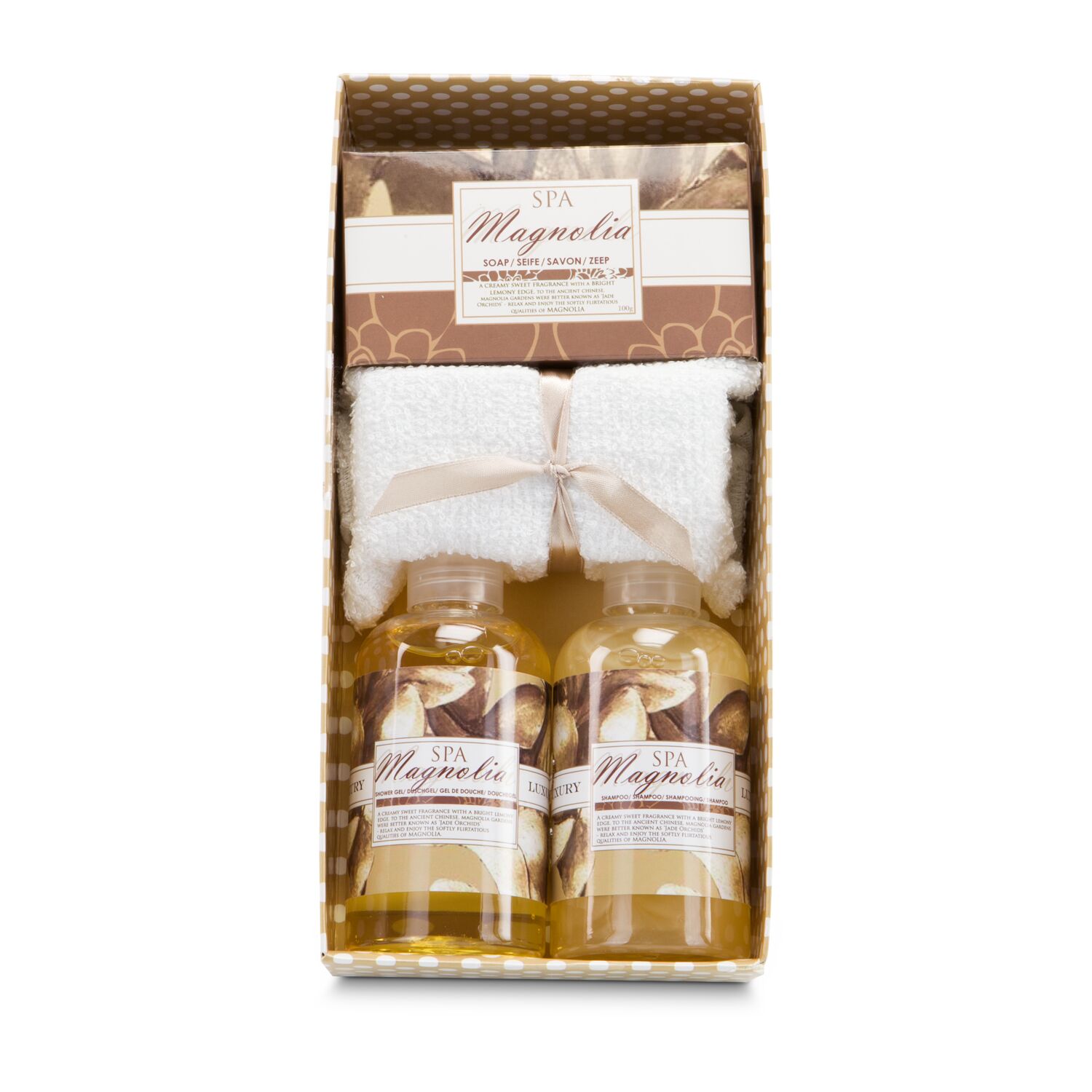Je 180 ml Duschgel und Shampoo, 100 g Seife, Gästetuch, in offener Box, Duftrichtung: Magnolie