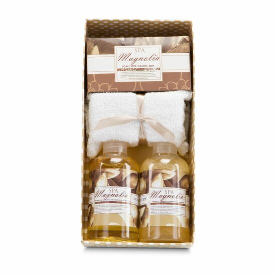 Je 180 ml Duschgel und Shampoo, 100 g Seife, Gästetuch, in offener Box, Duftrichtung: Magnolie