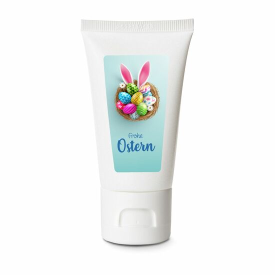 Kundenpflege als praktisches Give-Away: 50 ml Hand- und Nagelcreme ALOE VERA SENSITIV mit "Frohe Ostern" Motiv