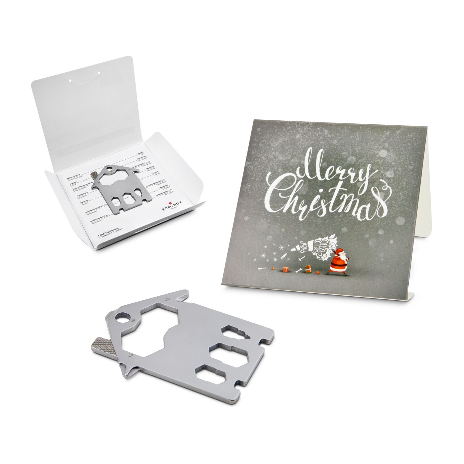 Das Key Tool kommt in einem „Merry Christmas”-Mäppchen inkl. Funktionsbeschreibung. „An die Werkzeuge, fertig, los“!