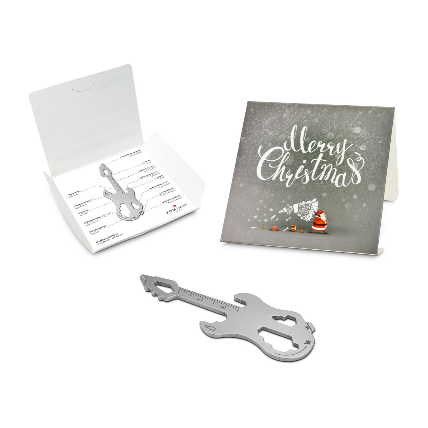 Das Key Tool kommt in einem „Merry Christmas”-Mäppchen inkl. Funktionsbeschreibung. „An die Werkzeuge, fertig, los“!
