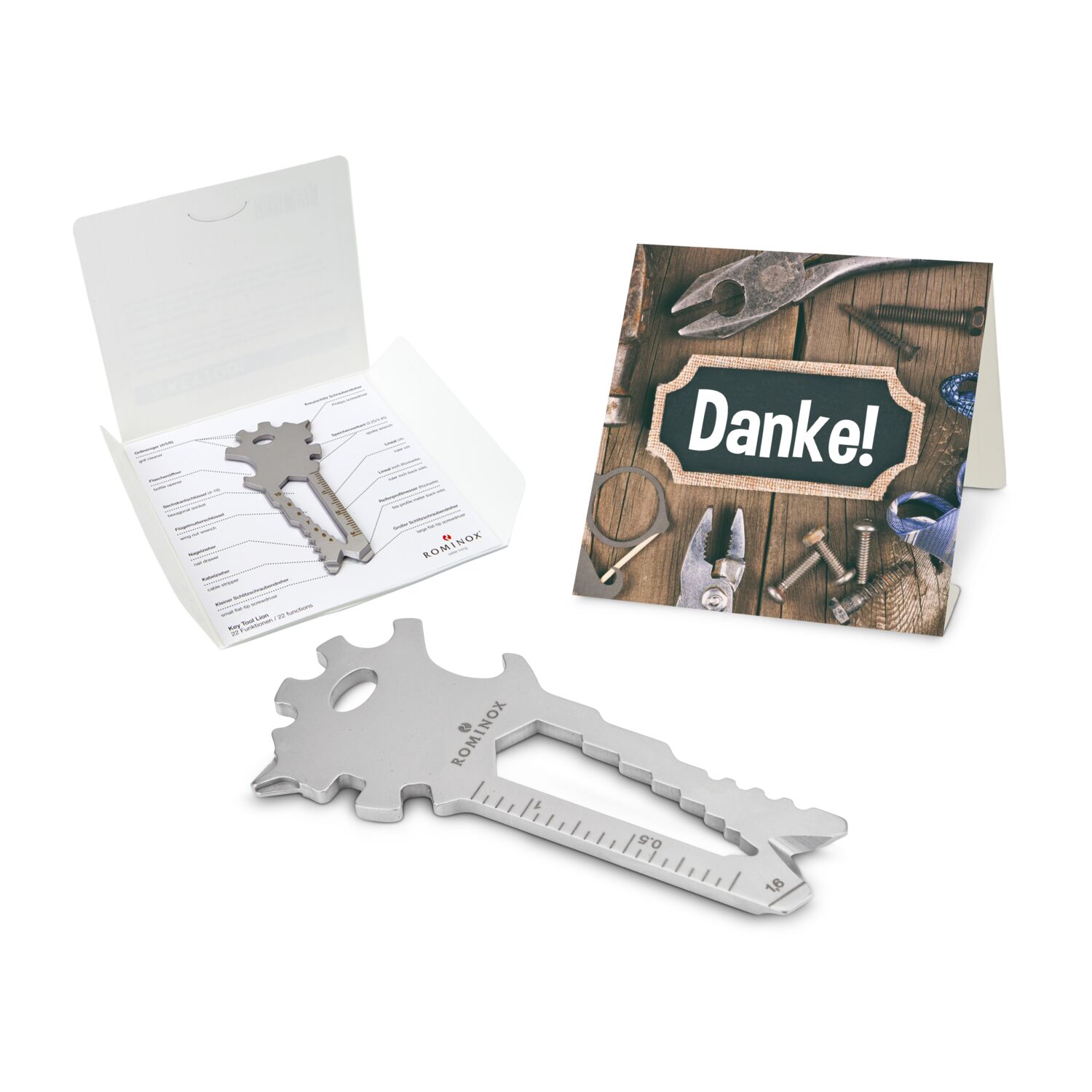 Das Key Tool kommt in einem „Danke”-Mäppchen inkl. Funktionsbeschreibung. „An die Werkzeuge, fertig, los“!