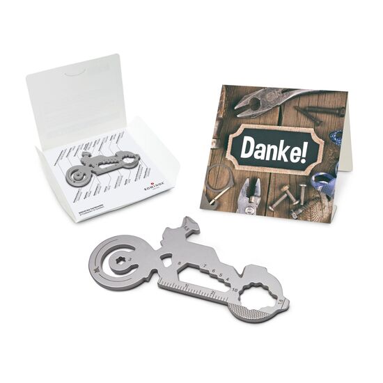 Das Key Tool kommt in einem „Danke”-Mäppchen inkl. Funktionsbeschreibung. „An die Werkzeuge, fertig, los“!